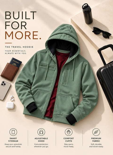 Adro Travel Hoodie for Men | Mens Multi Utility Zipper Hoodies| 320 GSM Soft Cotton |Men's Winter Sweatshirt | Waterproof Pockets Zip-Up Jacket with Hood Eye Shade |Pista