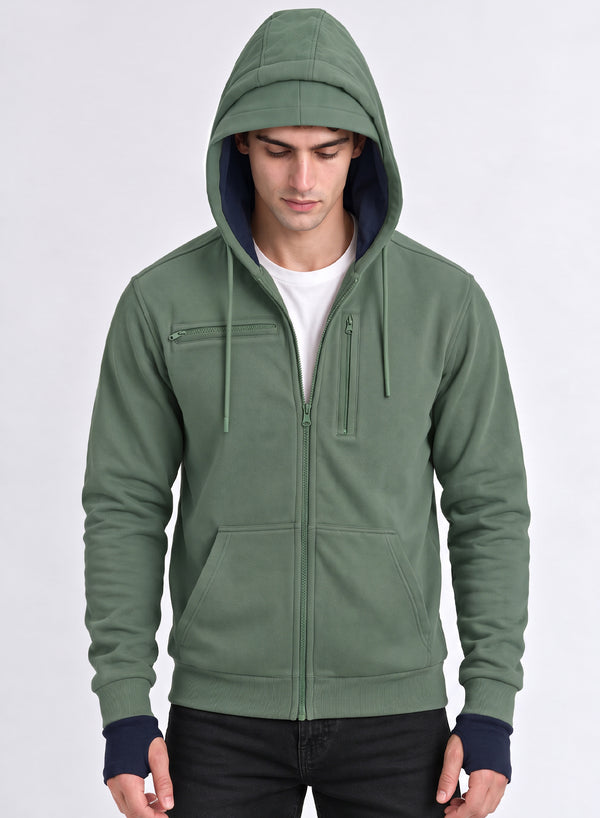 Adro Travel Hoodie for Men | Mens Multi Utility Zipper Hoodies| 320 GSM Soft Cotton |Men's Winter Sweatshirt | Waterproof Pockets Zip-Up Jacket with Hood Eye Shade |Pista