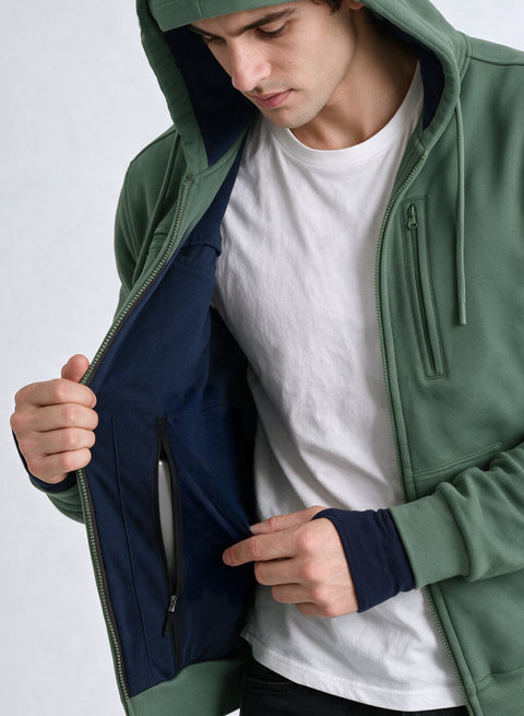 Adro Travel Hoodie for Men | Mens Multi Utility Zipper Hoodies| 320 GSM Soft Cotton |Men's Winter Sweatshirt | Waterproof Pockets Zip-Up Jacket with Hood Eye Shade |Pista