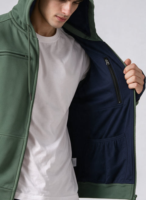 Adro Travel Hoodie for Men | Mens Multi Utility Zipper Hoodies| 320 GSM Soft Cotton |Men's Winter Sweatshirt | Waterproof Pockets Zip-Up Jacket with Hood Eye Shade |Pista