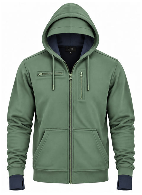 Adro Travel Hoodie for Men | Mens Multi Utility Zipper Hoodies| 320 GSM Soft Cotton |Men's Winter Sweatshirt | Waterproof Pockets Zip-Up Jacket with Hood Eye Shade |Pista