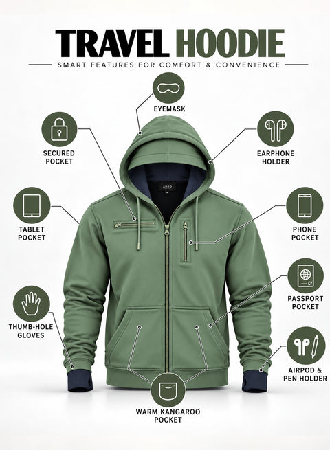 Adro Travel Hoodie for Men | Mens Multi Utility Zipper Hoodies| 320 GSM Soft Cotton |Men's Winter Sweatshirt | Waterproof Pockets Zip-Up Jacket with Hood Eye Shade |Pista