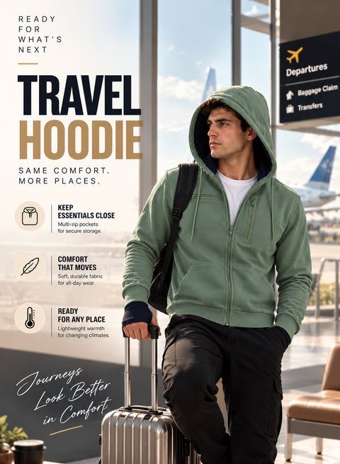 Adro Travel Hoodie for Men | Mens Multi Utility Zipper Hoodies| 320 GSM Soft Cotton |Men's Winter Sweatshirt | Waterproof Pockets Zip-Up Jacket with Hood Eye Shade |Pista