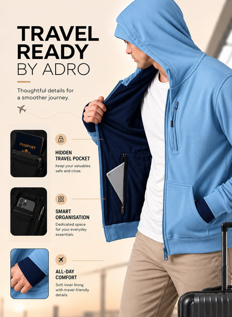 Adro Travel Hoodie for Men | Mens Multi Utility Zipper Hoodies| 320 GSM Soft Cotton |Men's Winter Sweatshirt | Waterproof Pockets Zip-Up Jacket with Hood Eye Shade | Sky Blue