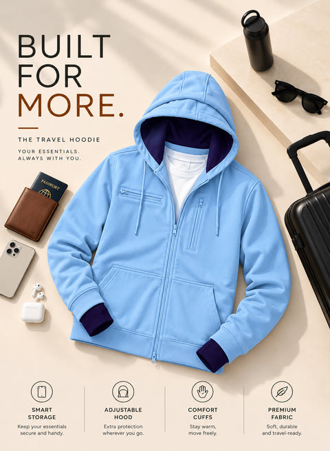Adro Travel Hoodie for Men | Mens Multi Utility Zipper Hoodies| 320 GSM Soft Cotton |Men's Winter Sweatshirt | Waterproof Pockets Zip-Up Jacket with Hood Eye Shade | Sky Blue