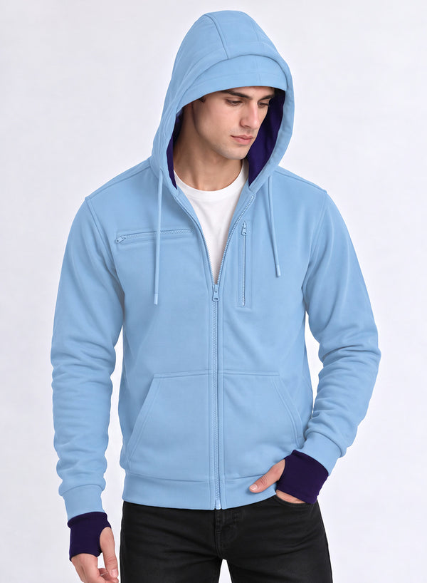 Adro Travel Hoodie for Men | Mens Multi Utility Zipper Hoodies| 320 GSM Soft Cotton |Men's Winter Sweatshirt | Waterproof Pockets Zip-Up Jacket with Hood Eye Shade | Sky Blue