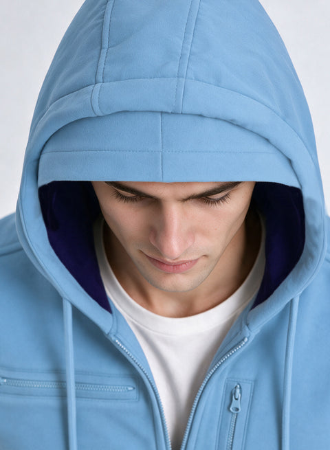 Adro Travel Hoodie for Men | Mens Multi Utility Zipper Hoodies| 320 GSM Soft Cotton |Men's Winter Sweatshirt | Waterproof Pockets Zip-Up Jacket with Hood Eye Shade | Sky Blue