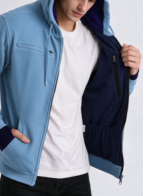 Adro Travel Hoodie for Men | Mens Multi Utility Zipper Hoodies| 320 GSM Soft Cotton |Men's Winter Sweatshirt | Waterproof Pockets Zip-Up Jacket with Hood Eye Shade | Sky Blue