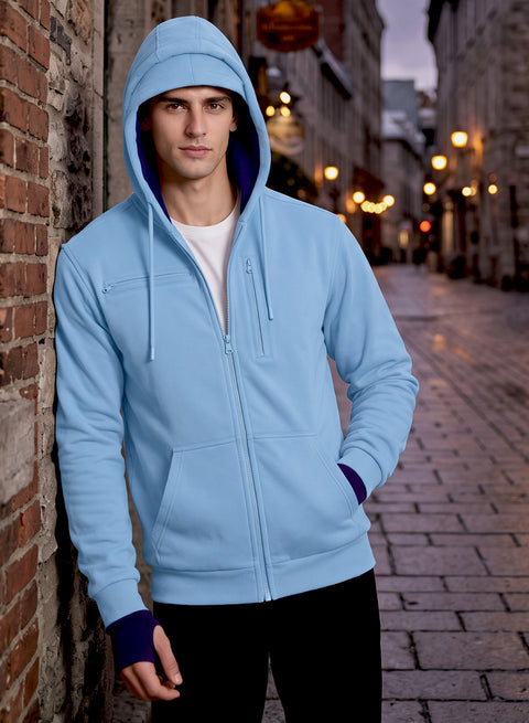 Adro Travel Hoodie for Men | Mens Multi Utility Zipper Hoodies| 320 GSM Soft Cotton |Men's Winter Sweatshirt | Waterproof Pockets Zip-Up Jacket with Hood Eye Shade | Sky Blue