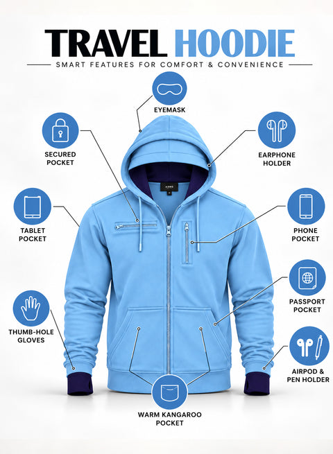 Adro Travel Hoodie for Men | Mens Multi Utility Zipper Hoodies| 320 GSM Soft Cotton |Men's Winter Sweatshirt | Waterproof Pockets Zip-Up Jacket with Hood Eye Shade | Sky Blue