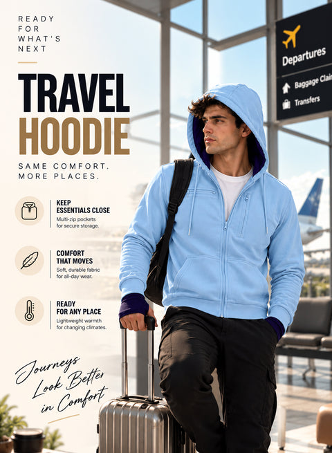 Adro Travel Hoodie for Men | Mens Multi Utility Zipper Hoodies| 320 GSM Soft Cotton |Men's Winter Sweatshirt | Waterproof Pockets Zip-Up Jacket with Hood Eye Shade | Sky Blue