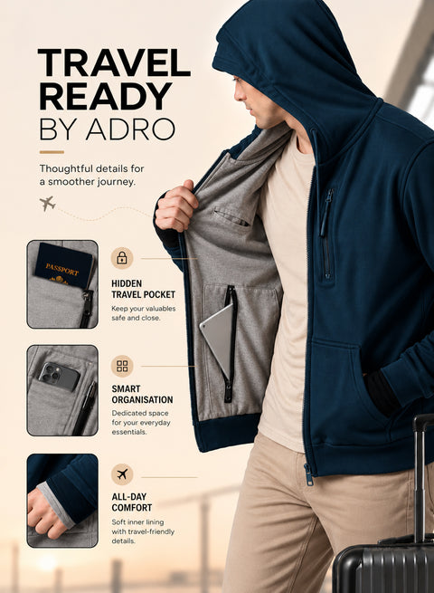 Adro Travel Hoodie for Men | Mens Multi Utility Zipper Hoodies| 320 GSM Soft Cotton |Men's Winter Sweatshirt | Waterproof Pockets Zip-Up Jacket with Hood Eye Shade | Teal Blue