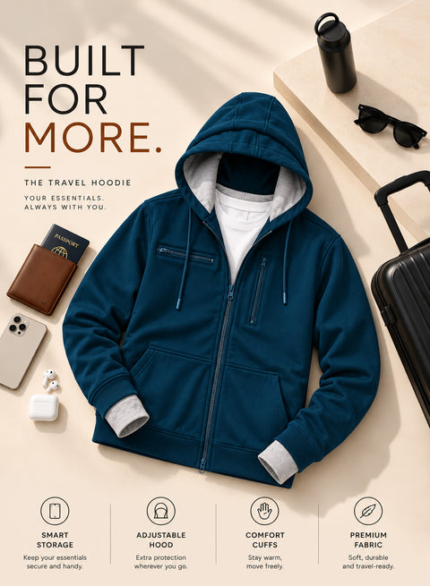 Adro Travel Hoodie for Men | Mens Multi Utility Zipper Hoodies| 320 GSM Soft Cotton |Men's Winter Sweatshirt | Waterproof Pockets Zip-Up Jacket with Hood Eye Shade | Teal Blue