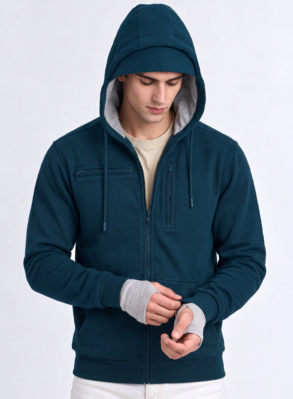 Adro Travel Hoodie for Men | Mens Multi Utility Zipper Hoodies| 320 GSM Soft Cotton |Men's Winter Sweatshirt | Waterproof Pockets Zip-Up Jacket with Hood Eye Shade | Teal Blue