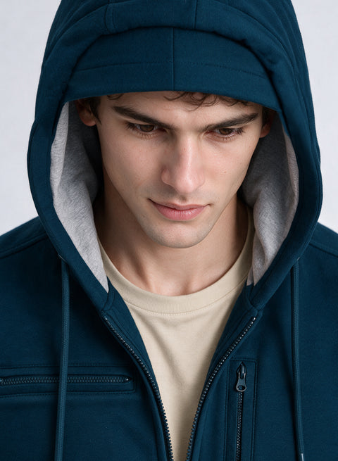 Adro Travel Hoodie for Men | Mens Multi Utility Zipper Hoodies| 320 GSM Soft Cotton |Men's Winter Sweatshirt | Waterproof Pockets Zip-Up Jacket with Hood Eye Shade | Teal Blue