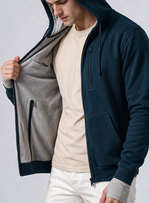 Adro Travel Hoodie for Men | Mens Multi Utility Zipper Hoodies| 320 GSM Soft Cotton |Men's Winter Sweatshirt | Waterproof Pockets Zip-Up Jacket with Hood Eye Shade | Teal Blue
