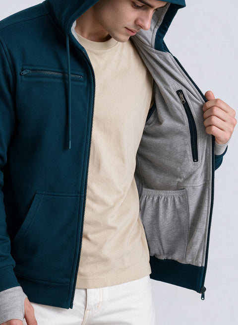 Adro Travel Hoodie for Men | Mens Multi Utility Zipper Hoodies| 320 GSM Soft Cotton |Men's Winter Sweatshirt | Waterproof Pockets Zip-Up Jacket with Hood Eye Shade | Teal Blue