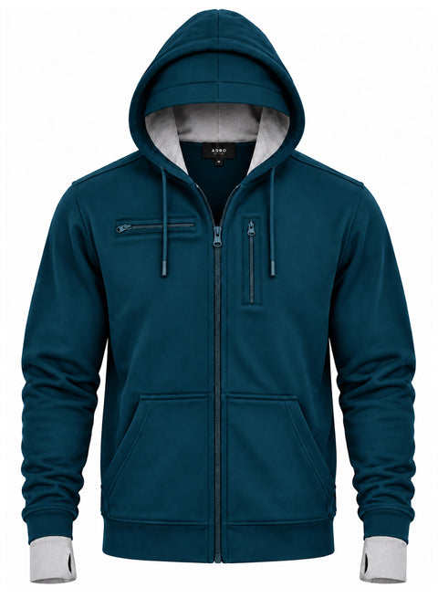 Adro Travel Hoodie for Men | Mens Multi Utility Zipper Hoodies| 320 GSM Soft Cotton |Men's Winter Sweatshirt | Waterproof Pockets Zip-Up Jacket with Hood Eye Shade | Teal Blue