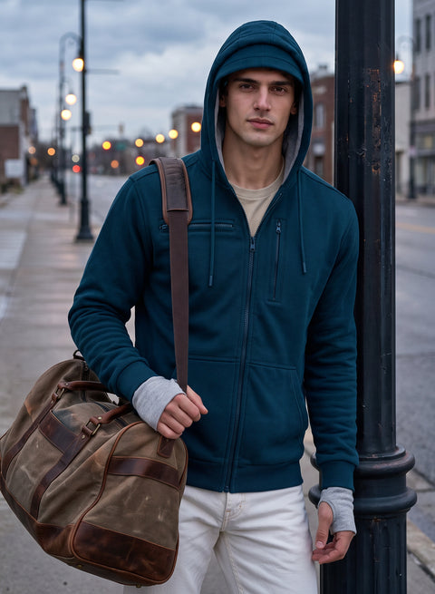 Adro Travel Hoodie for Men | Mens Multi Utility Zipper Hoodies| 320 GSM Soft Cotton |Men's Winter Sweatshirt | Waterproof Pockets Zip-Up Jacket with Hood Eye Shade | Teal Blue