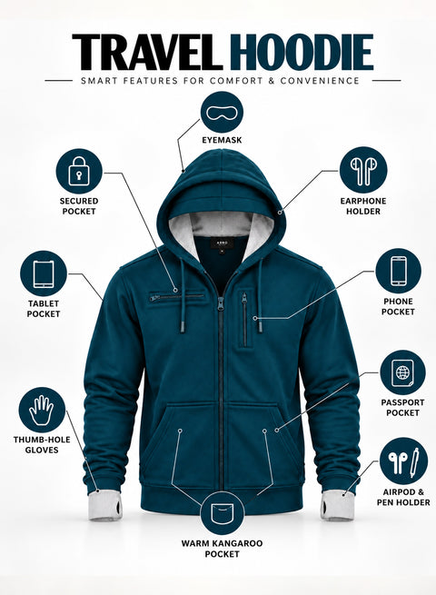 Adro Travel Hoodie for Men | Mens Multi Utility Zipper Hoodies| 320 GSM Soft Cotton |Men's Winter Sweatshirt | Waterproof Pockets Zip-Up Jacket with Hood Eye Shade | Teal Blue