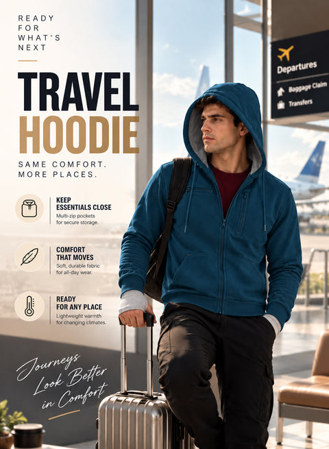 Adro Travel Hoodie for Men | Mens Multi Utility Zipper Hoodies| 320 GSM Soft Cotton |Men's Winter Sweatshirt | Waterproof Pockets Zip-Up Jacket with Hood Eye Shade | Teal Blue