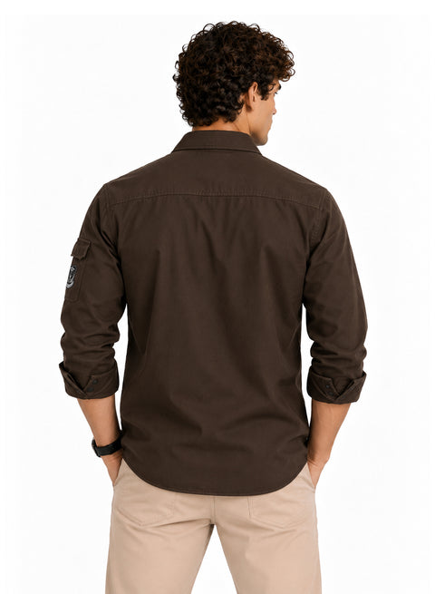 ADRO Men's Flag Patch Cargo Shirt | Full Sleeve Button Down Utility Cargo Shirt | Brown | Regular Fit | Multi Pocket Casual Streetwear