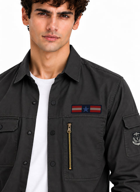 ADRO Men's Flag Patch Cargo Shirt | Full Sleeve Button Down Utility Cargo Shirt | Dark Grey | Regular Fit | Multi Pocket Casual Streetwear