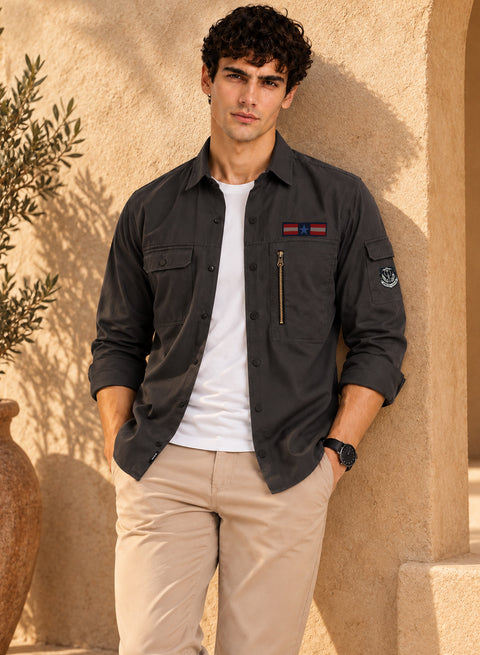 ADRO Men's Flag Patch Cargo Shirt | Full Sleeve Button Down Utility Cargo Shirt | Dark Grey | Regular Fit | Multi Pocket Casual Streetwear