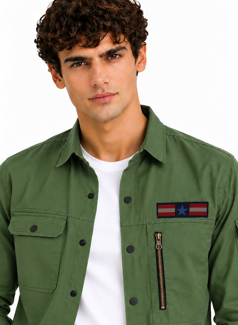 ADRO Men's Flag Patch Cargo Shirt | Full Sleeve Button Down Utility Cargo Shirt | Green | Regular Fit | Multi Pocket Casual Streetwear