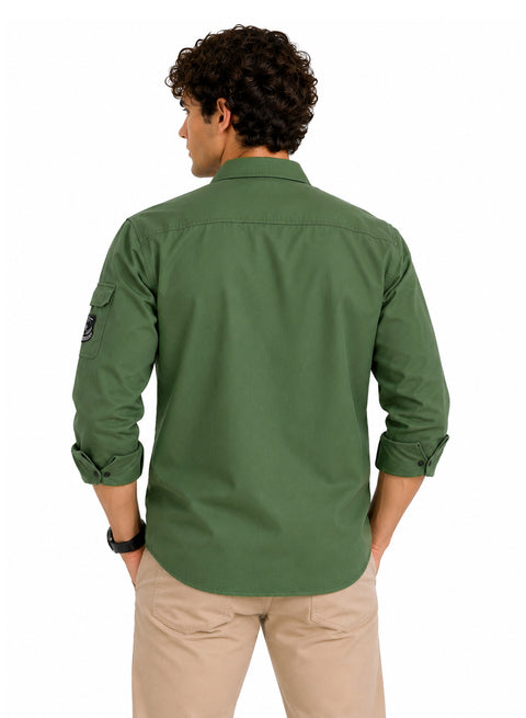 ADRO Men's Flag Patch Cargo Shirt | Full Sleeve Button Down Utility Cargo Shirt | Green | Regular Fit | Multi Pocket Casual Streetwear